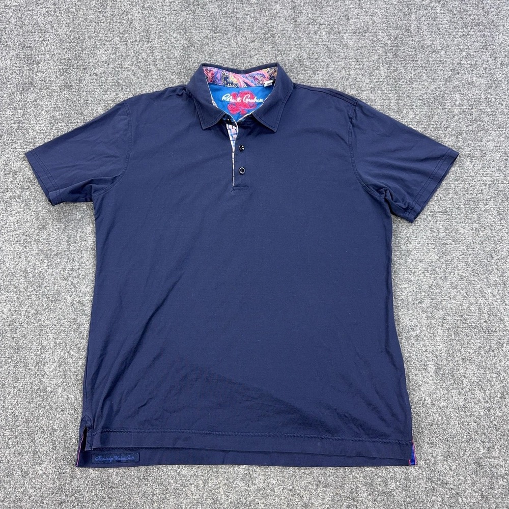 Robert Graham Polo Shirt Mens L Blue 100% Cotton Classic Fit Knit Paisley Trim